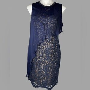 SLNY Beaded Neckline Layered Chiffon Navy Lace Shift Knee Length Dress Sz 10